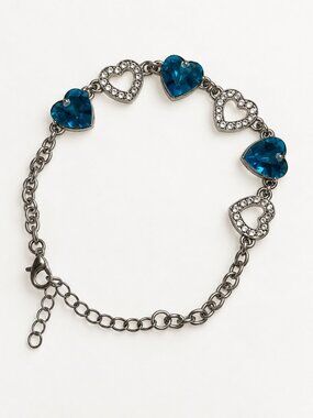 Blue Faceted Heart & Clear Rhinestone Bracelet Silver Tone Adjustable